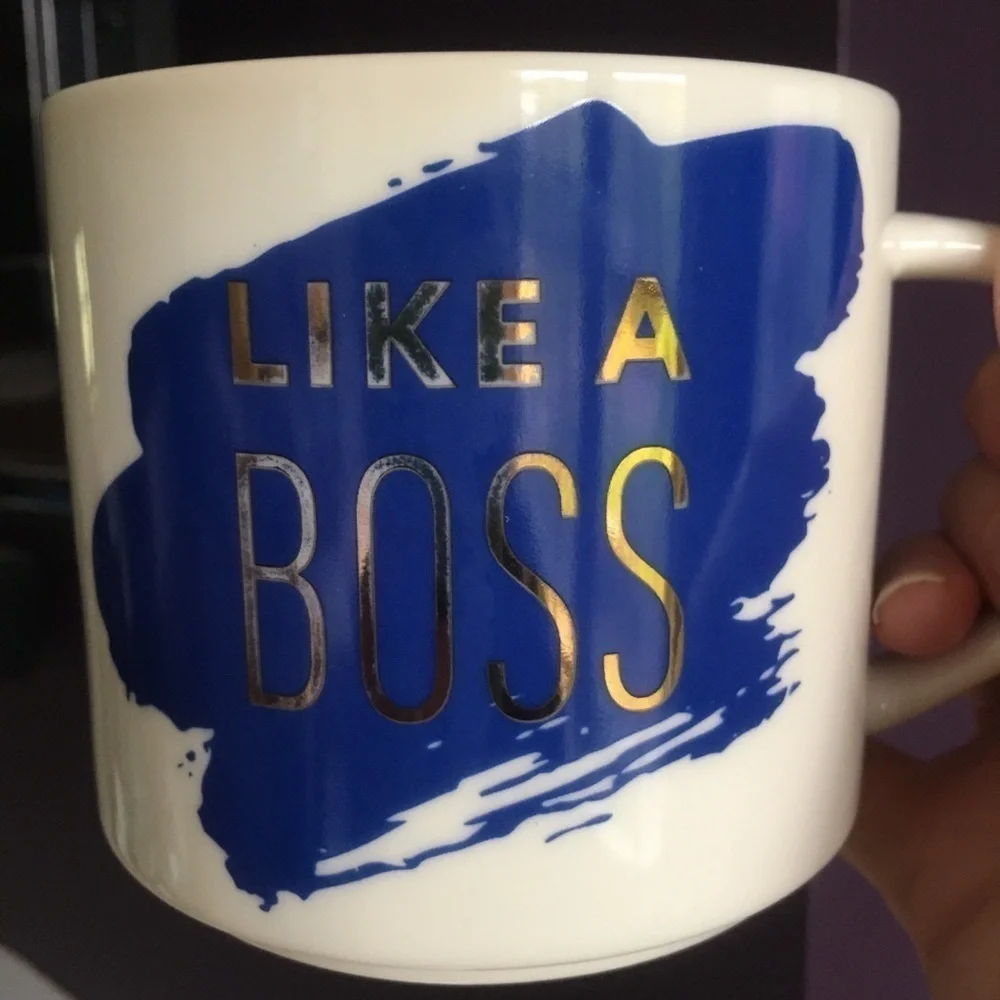“LIKE A BOSS” Coffee Mug, White, Navy Blue, Gold Foil, 15 oz